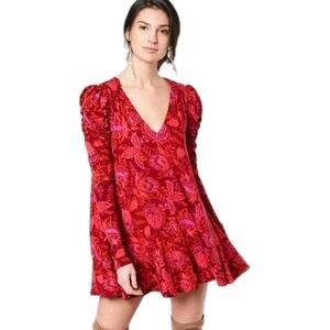 Free People Hello Lover Red Scarlett Floral Print Tunic Dress Sz XS Puff Sleeve